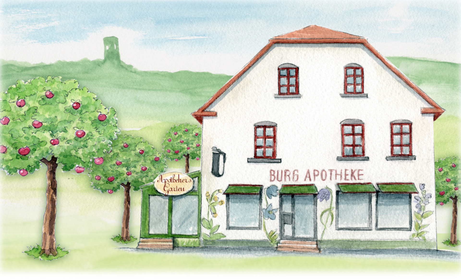 Aquarell Burg Apotheke, Gössenheim